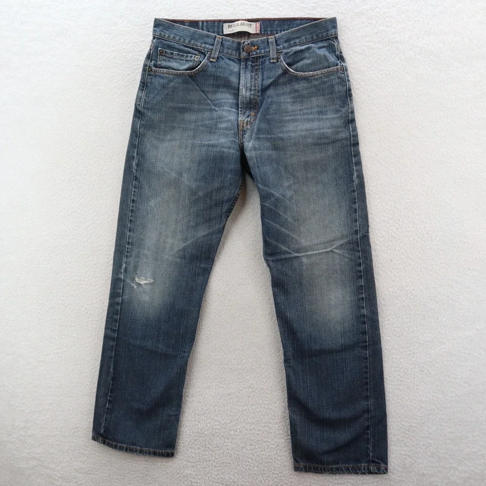 Levis Jeans Men 33x30 Blue 505 Regular Fit Medium Wash Straight Distressed Denim